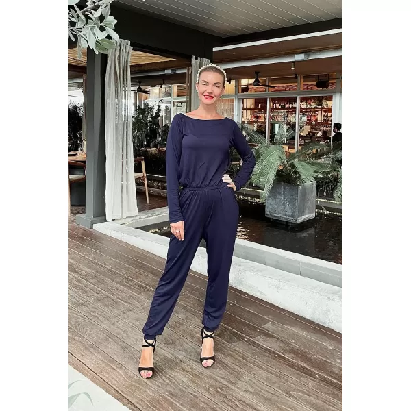 imagePRETTYGARDEN Womens Casual Long Sleeve Jumpsuit Crewneck Off Shoulder Elastic Waist Stretchy RomperNavy