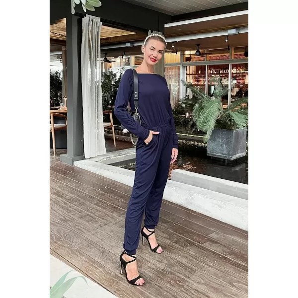 imagePRETTYGARDEN Womens Casual Long Sleeve Jumpsuit Crewneck Off Shoulder Elastic Waist Stretchy RomperNavy