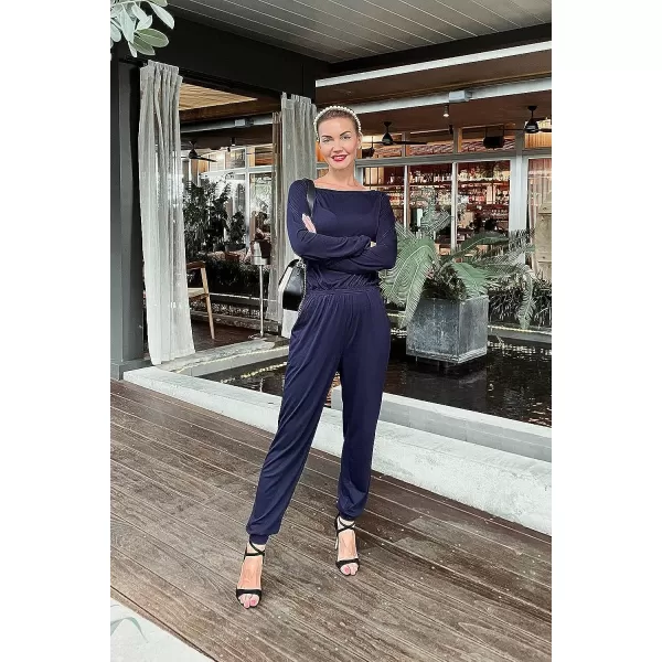 imagePRETTYGARDEN Womens Casual Long Sleeve Jumpsuit Crewneck Off Shoulder Elastic Waist Stretchy RomperNavy