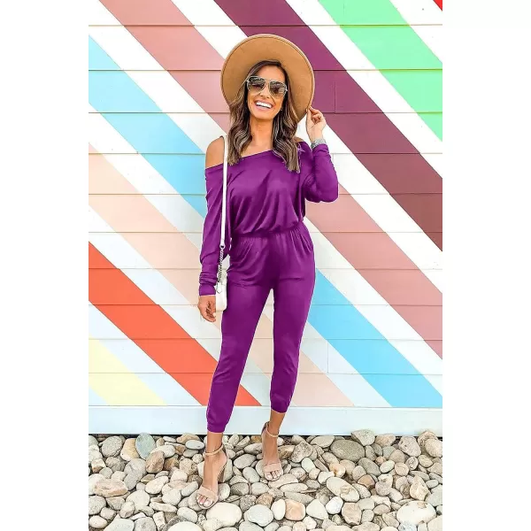 imagePRETTYGARDEN Womens Casual Long Sleeve Jumpsuit Crewneck Off Shoulder Elastic Waist Stretchy RomperPurple