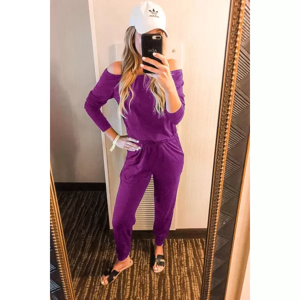 imagePRETTYGARDEN Womens Casual Long Sleeve Jumpsuit Crewneck Off Shoulder Elastic Waist Stretchy RomperPurple