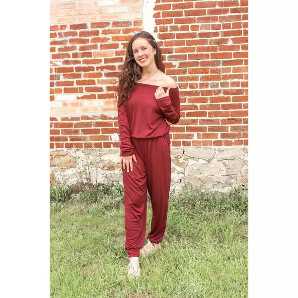 imagePRETTYGARDEN Womens Casual Long Sleeve Jumpsuit Crewneck Off Shoulder Elastic Waist Stretchy RomperRed