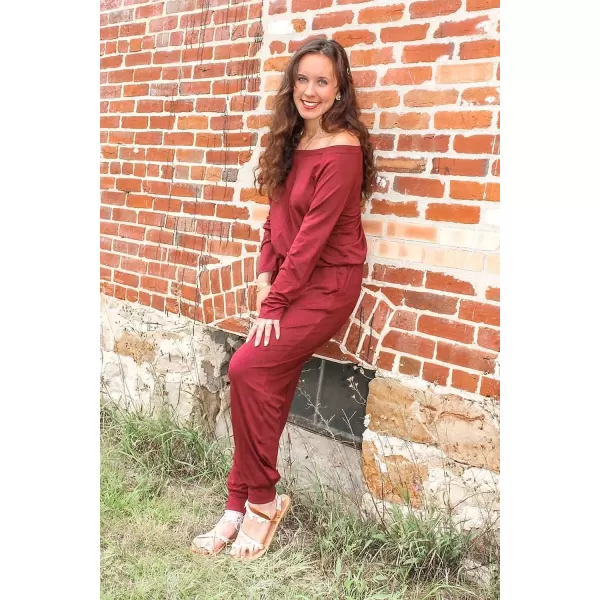 imagePRETTYGARDEN Womens Casual Long Sleeve Jumpsuit Crewneck Off Shoulder Elastic Waist Stretchy RomperRed
