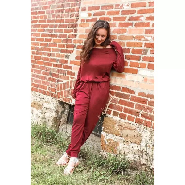 imagePRETTYGARDEN Womens Casual Long Sleeve Jumpsuit Crewneck Off Shoulder Elastic Waist Stretchy RomperRed