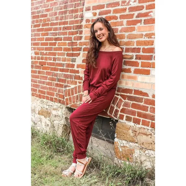 imagePRETTYGARDEN Womens Casual Long Sleeve Jumpsuit Crewneck Off Shoulder Elastic Waist Stretchy RomperRed