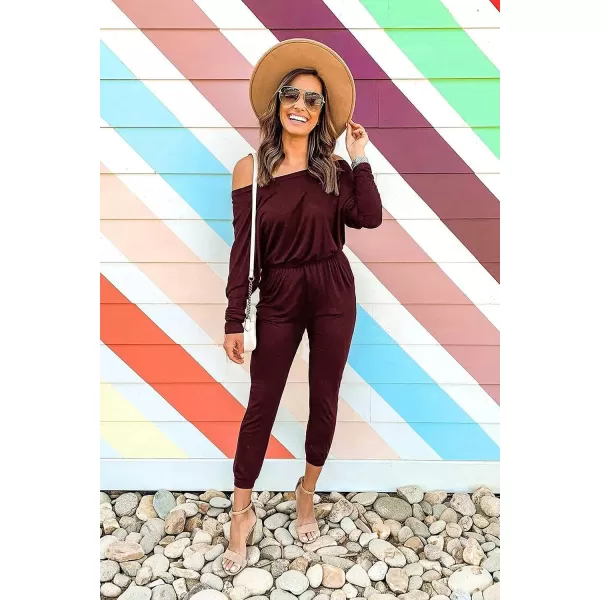 imagePRETTYGARDEN Womens Casual Long Sleeve Jumpsuit Crewneck Off Shoulder Elastic Waist Stretchy RomperWine Red