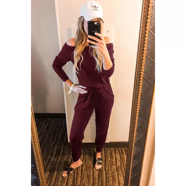 imagePRETTYGARDEN Womens Casual Long Sleeve Jumpsuit Crewneck Off Shoulder Elastic Waist Stretchy RomperWine Red