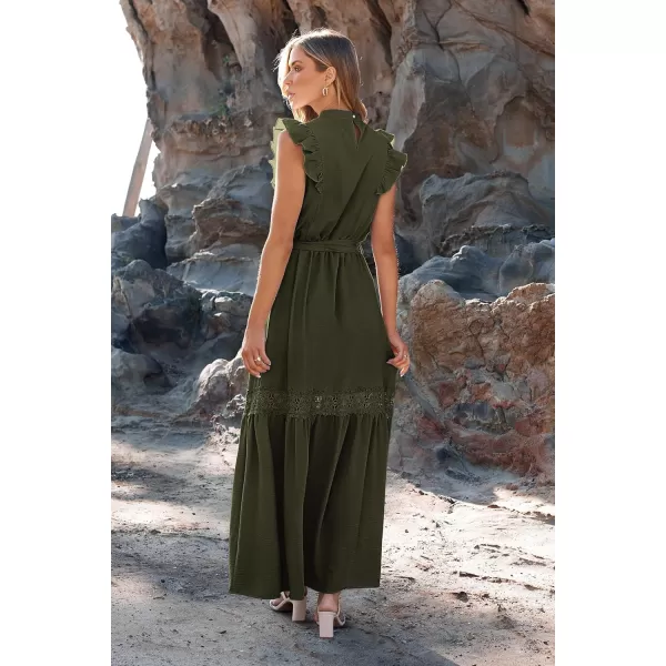 imagePRETTYGARDEN Womens Casual Maxi Dress Summer Ruffle Cap Sleeve A Line Long Flowy Dresses with BeltArmy Green