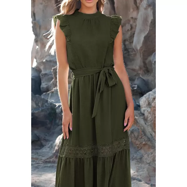 imagePRETTYGARDEN Womens Casual Maxi Dress Summer Ruffle Cap Sleeve A Line Long Flowy Dresses with BeltArmy Green