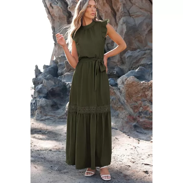 imagePRETTYGARDEN Womens Casual Maxi Dress Summer Ruffle Cap Sleeve A Line Long Flowy Dresses with BeltArmy Green