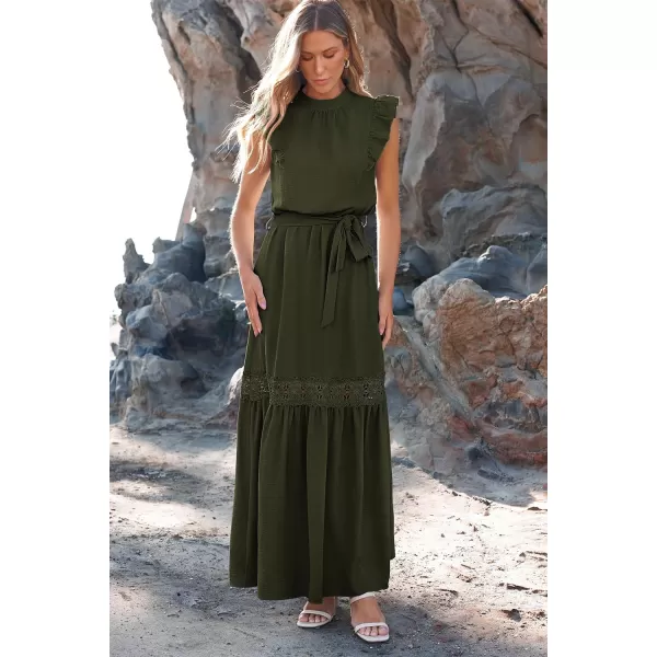 imagePRETTYGARDEN Womens Casual Maxi Dress Summer Ruffle Cap Sleeve A Line Long Flowy Dresses with BeltArmy Green