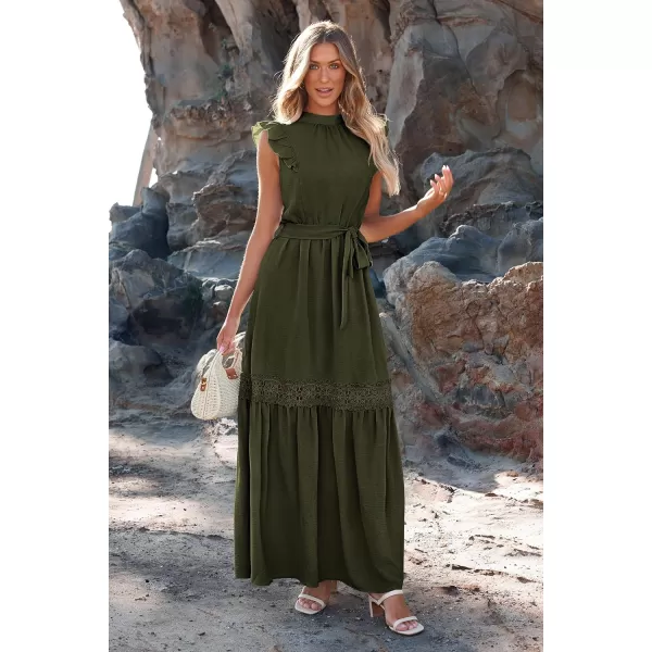 imagePRETTYGARDEN Womens Casual Maxi Dress Summer Ruffle Cap Sleeve A Line Long Flowy Dresses with BeltArmy Green