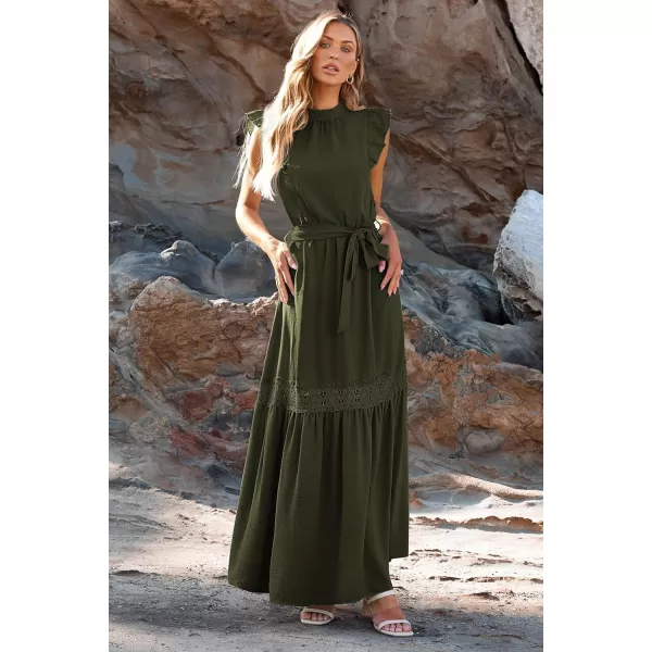 imagePRETTYGARDEN Womens Casual Maxi Dress Summer Ruffle Cap Sleeve A Line Long Flowy Dresses with BeltArmy Green