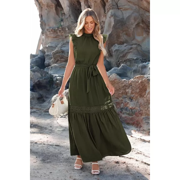imagePRETTYGARDEN Womens Casual Maxi Dress Summer Ruffle Cap Sleeve A Line Long Flowy Dresses with BeltArmy Green