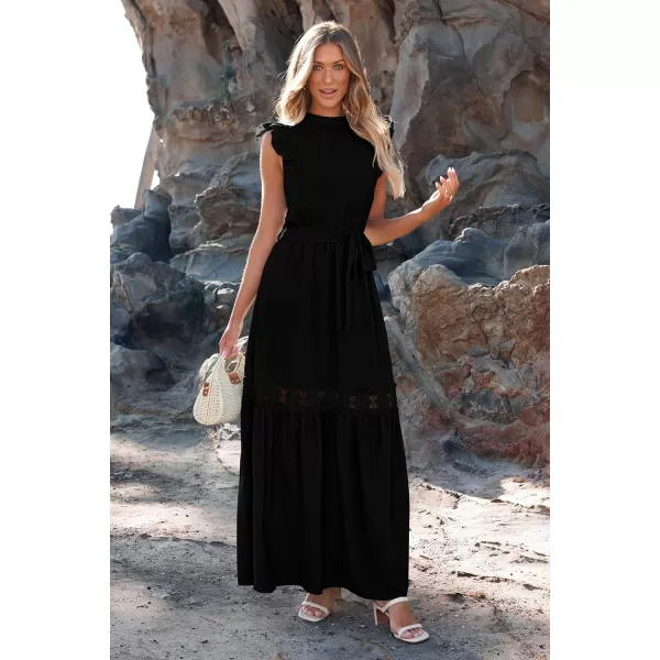 imagePRETTYGARDEN Womens Casual Maxi Dress Summer Ruffle Cap Sleeve A Line Long Flowy Dresses with BeltBlack