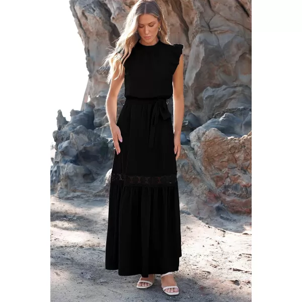 imagePRETTYGARDEN Womens Casual Maxi Dress Summer Ruffle Cap Sleeve A Line Long Flowy Dresses with BeltBlack