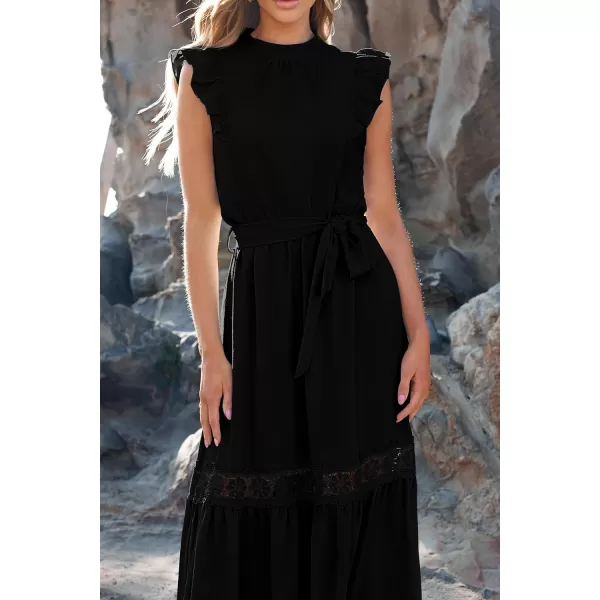imagePRETTYGARDEN Womens Casual Maxi Dress Summer Ruffle Cap Sleeve A Line Long Flowy Dresses with BeltBlack