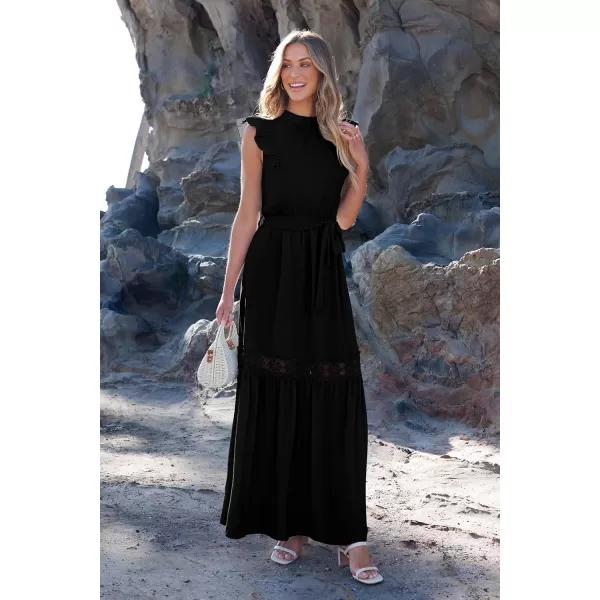 imagePRETTYGARDEN Womens Casual Maxi Dress Summer Ruffle Cap Sleeve A Line Long Flowy Dresses with BeltBlack