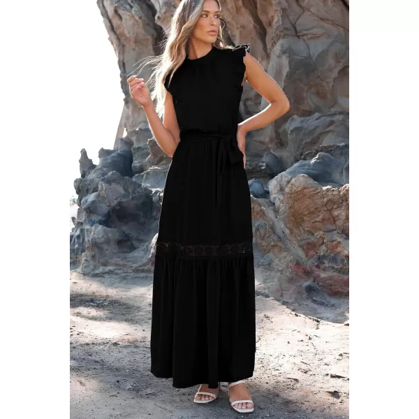imagePRETTYGARDEN Womens Casual Maxi Dress Summer Ruffle Cap Sleeve A Line Long Flowy Dresses with BeltBlack