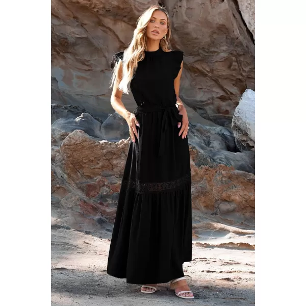 imagePRETTYGARDEN Womens Casual Maxi Dress Summer Ruffle Cap Sleeve A Line Long Flowy Dresses with BeltBlack