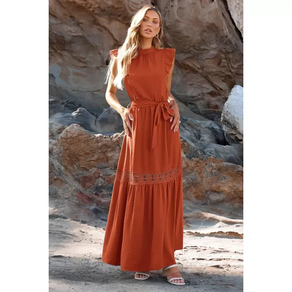 imagePRETTYGARDEN Womens Casual Maxi Dress Summer Ruffle Cap Sleeve A Line Long Flowy Dresses with BeltBrick Red