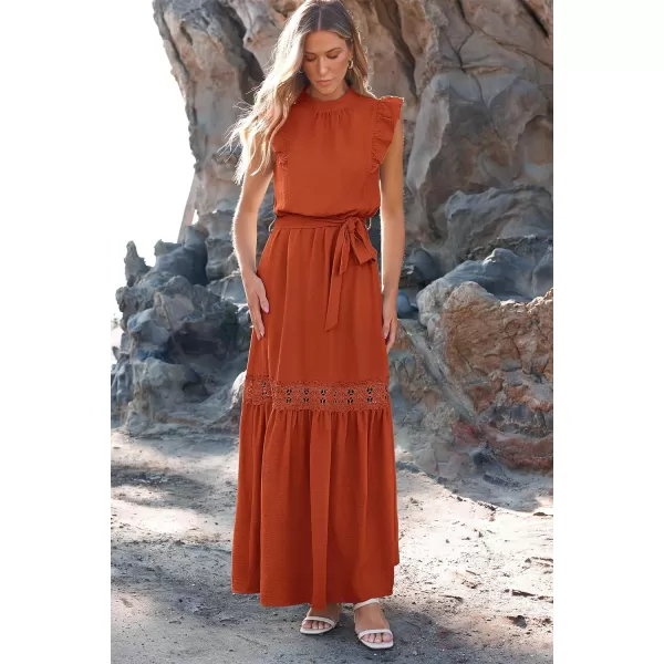 imagePRETTYGARDEN Womens Casual Maxi Dress Summer Ruffle Cap Sleeve A Line Long Flowy Dresses with BeltBrick Red