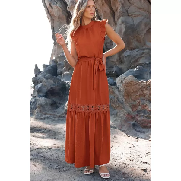 imagePRETTYGARDEN Womens Casual Maxi Dress Summer Ruffle Cap Sleeve A Line Long Flowy Dresses with BeltBrick Red