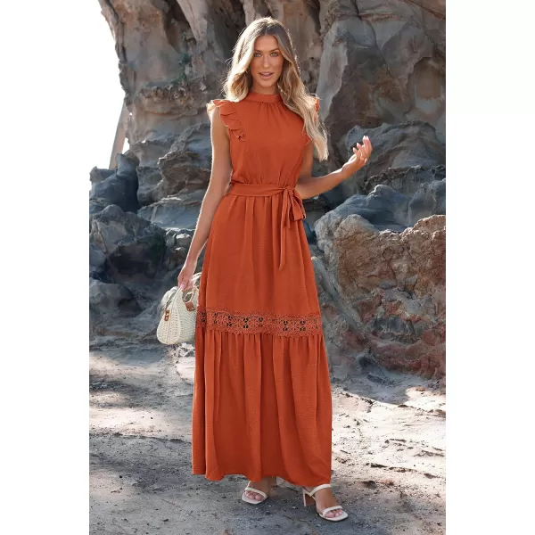 imagePRETTYGARDEN Womens Casual Maxi Dress Summer Ruffle Cap Sleeve A Line Long Flowy Dresses with BeltBrick Red