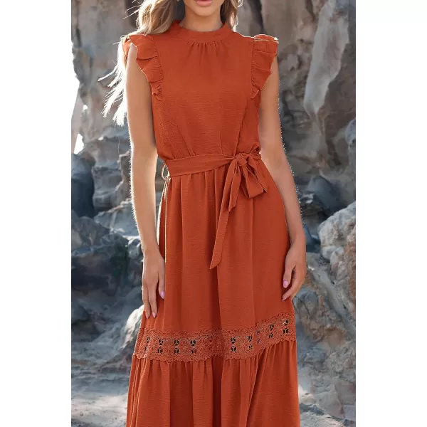imagePRETTYGARDEN Womens Casual Maxi Dress Summer Ruffle Cap Sleeve A Line Long Flowy Dresses with BeltBrick Red