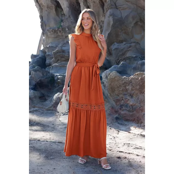 imagePRETTYGARDEN Womens Casual Maxi Dress Summer Ruffle Cap Sleeve A Line Long Flowy Dresses with BeltBrick Red