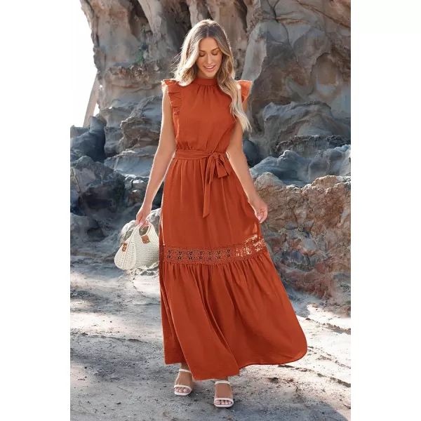 imagePRETTYGARDEN Womens Casual Maxi Dress Summer Ruffle Cap Sleeve A Line Long Flowy Dresses with BeltBrick Red