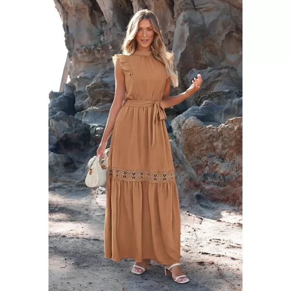 imagePRETTYGARDEN Womens Casual Maxi Dress Summer Ruffle Cap Sleeve A Line Long Flowy Dresses with BeltKhaki