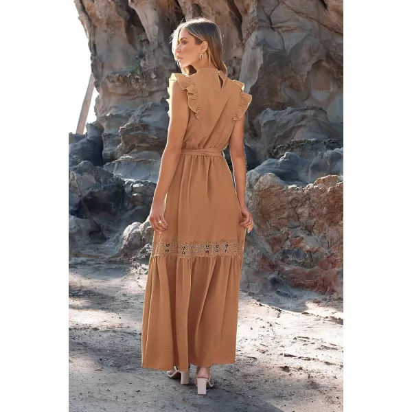imagePRETTYGARDEN Womens Casual Maxi Dress Summer Ruffle Cap Sleeve A Line Long Flowy Dresses with BeltKhaki