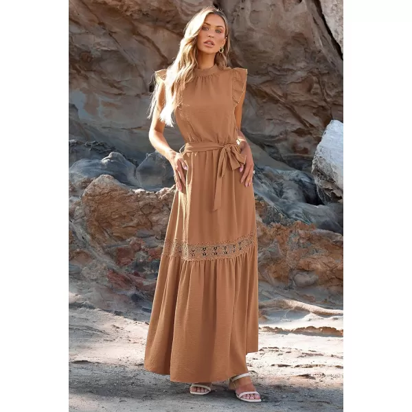 imagePRETTYGARDEN Womens Casual Maxi Dress Summer Ruffle Cap Sleeve A Line Long Flowy Dresses with BeltKhaki