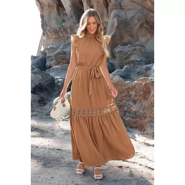 imagePRETTYGARDEN Womens Casual Maxi Dress Summer Ruffle Cap Sleeve A Line Long Flowy Dresses with BeltKhaki
