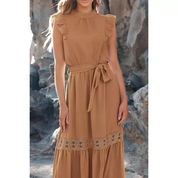 imagePRETTYGARDEN Womens Casual Maxi Dress Summer Ruffle Cap Sleeve A Line Long Flowy Dresses with BeltKhaki