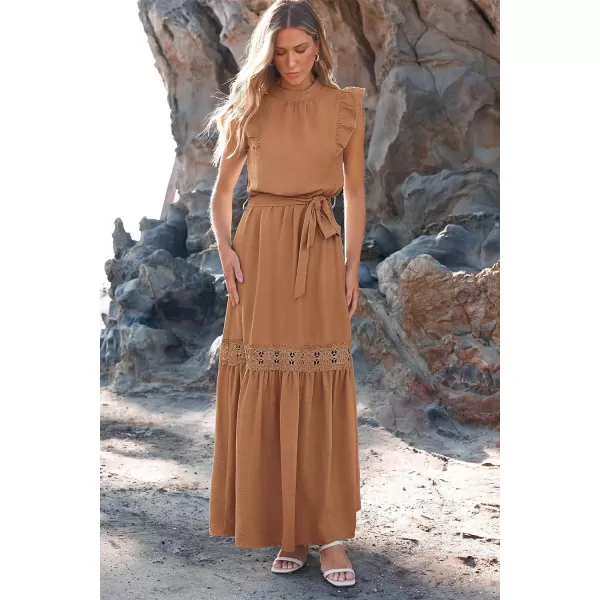 imagePRETTYGARDEN Womens Casual Maxi Dress Summer Ruffle Cap Sleeve A Line Long Flowy Dresses with BeltKhaki
