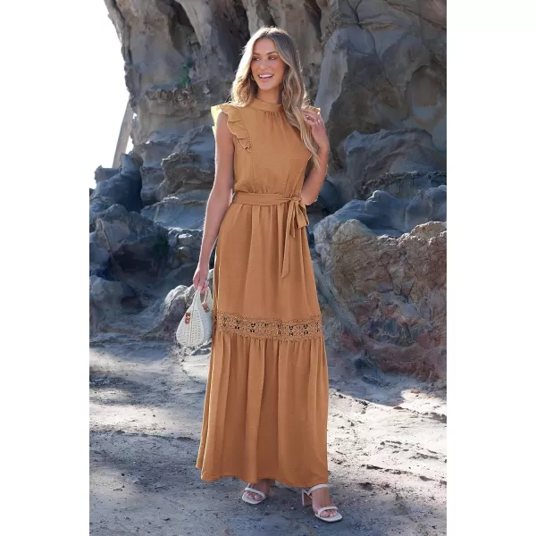 imagePRETTYGARDEN Womens Casual Maxi Dress Summer Ruffle Cap Sleeve A Line Long Flowy Dresses with BeltKhaki