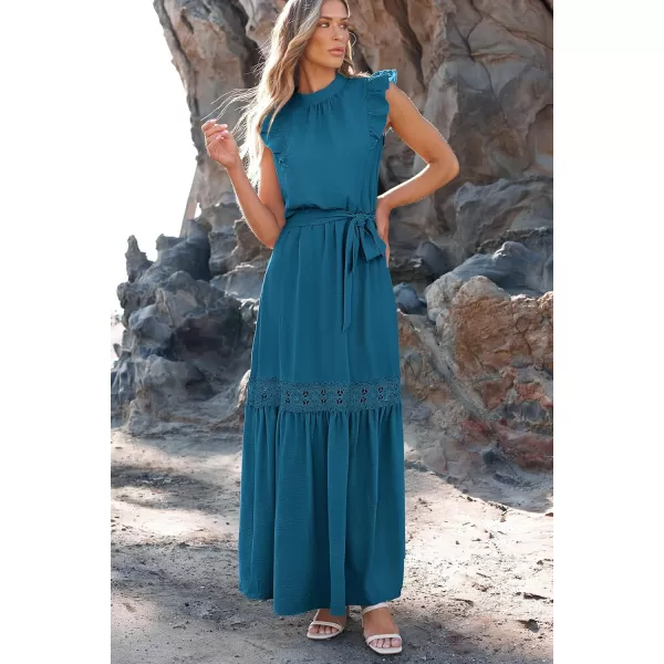 imagePRETTYGARDEN Womens Casual Maxi Dress Summer Ruffle Cap Sleeve A Line Long Flowy Dresses with BeltLake Blue