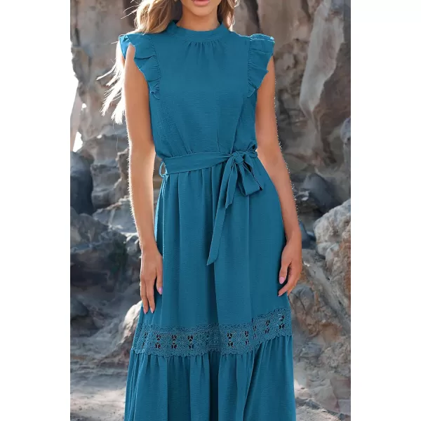 imagePRETTYGARDEN Womens Casual Maxi Dress Summer Ruffle Cap Sleeve A Line Long Flowy Dresses with BeltLake Blue