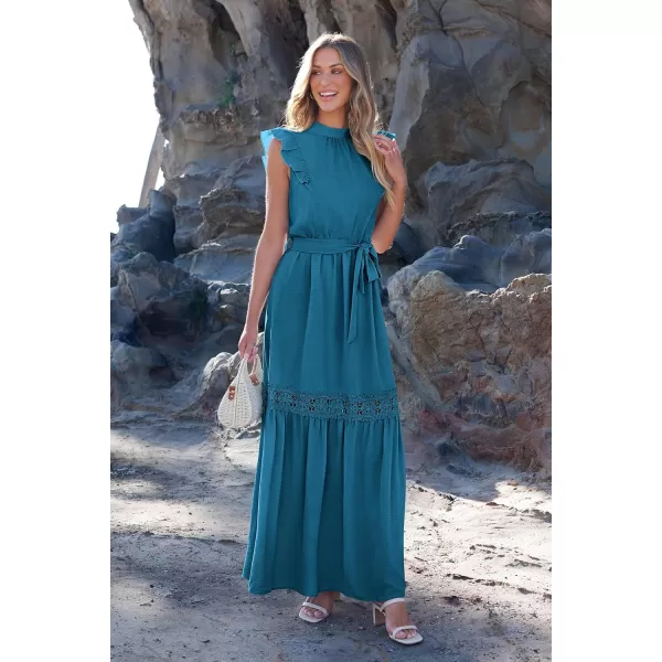 imagePRETTYGARDEN Womens Casual Maxi Dress Summer Ruffle Cap Sleeve A Line Long Flowy Dresses with BeltLake Blue