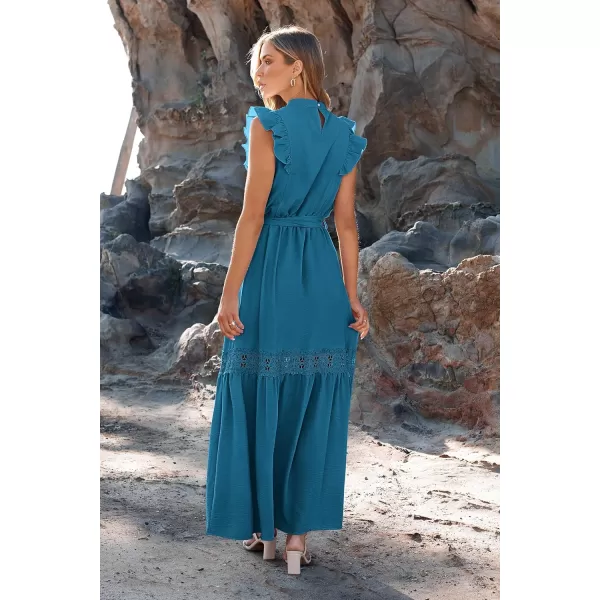 imagePRETTYGARDEN Womens Casual Maxi Dress Summer Ruffle Cap Sleeve A Line Long Flowy Dresses with BeltLake Blue