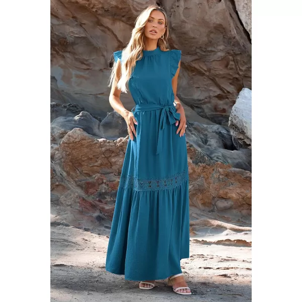 imagePRETTYGARDEN Womens Casual Maxi Dress Summer Ruffle Cap Sleeve A Line Long Flowy Dresses with BeltLake Blue
