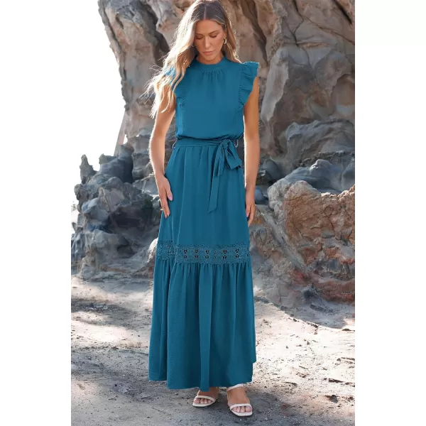 imagePRETTYGARDEN Womens Casual Maxi Dress Summer Ruffle Cap Sleeve A Line Long Flowy Dresses with BeltLake Blue