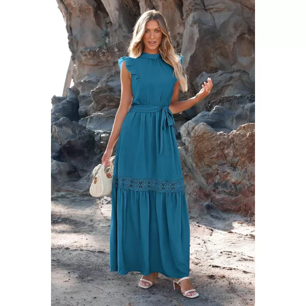 imagePRETTYGARDEN Womens Casual Maxi Dress Summer Ruffle Cap Sleeve A Line Long Flowy Dresses with BeltLake Blue