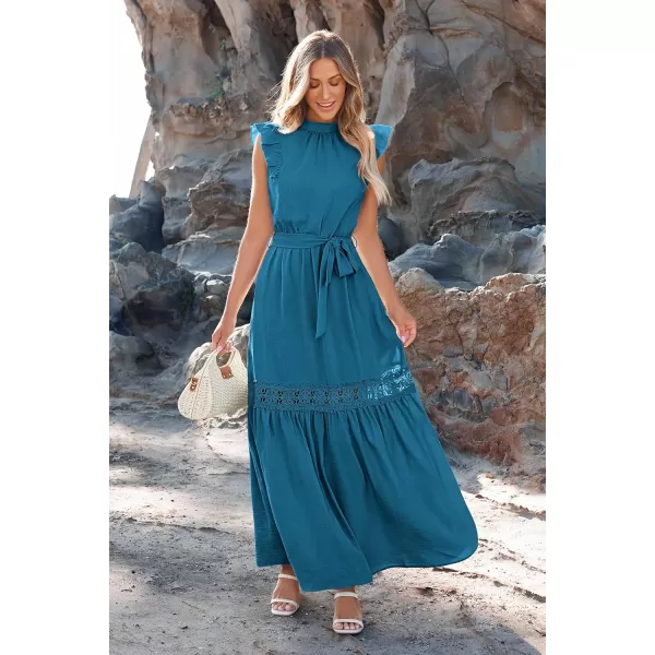 imagePRETTYGARDEN Womens Casual Maxi Dress Summer Ruffle Cap Sleeve A Line Long Flowy Dresses with BeltLake Blue