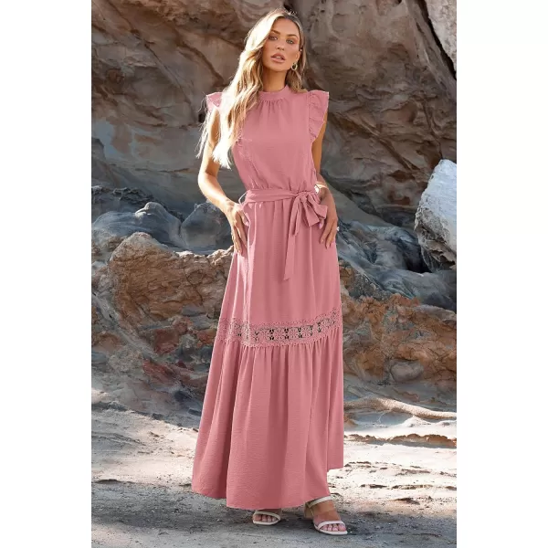 imagePRETTYGARDEN Womens Casual Maxi Dress Summer Ruffle Cap Sleeve A Line Long Flowy Dresses with BeltPink