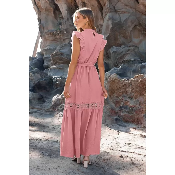 imagePRETTYGARDEN Womens Casual Maxi Dress Summer Ruffle Cap Sleeve A Line Long Flowy Dresses with BeltPink