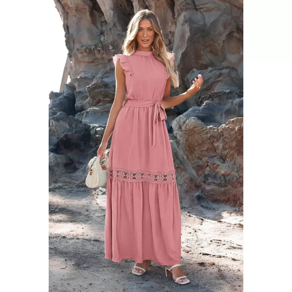 imagePRETTYGARDEN Womens Casual Maxi Dress Summer Ruffle Cap Sleeve A Line Long Flowy Dresses with BeltPink