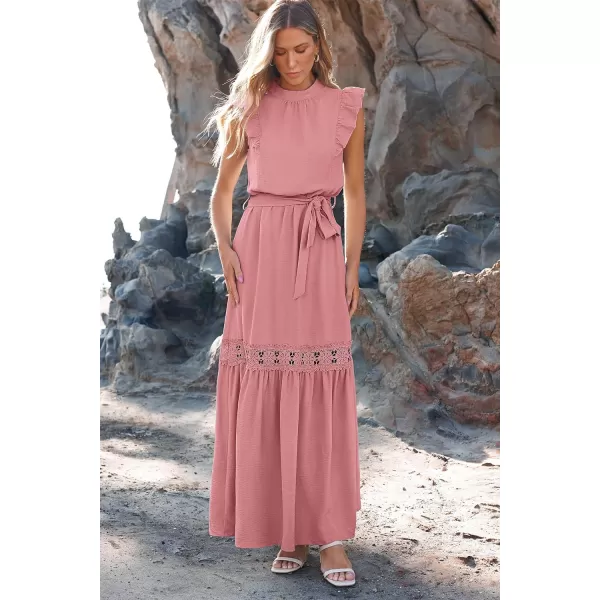 imagePRETTYGARDEN Womens Casual Maxi Dress Summer Ruffle Cap Sleeve A Line Long Flowy Dresses with BeltPink